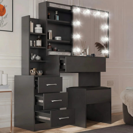 [Black] Three-quarter shot of black Hollywood mirror dressing table, drawer block on left and desktop drawer above