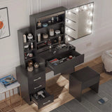 [Black] Overhead view of black Hollywood mirror dressing table with open desktop drawer and cushioned stool