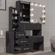 [Black Marble] Three-quarter shot of black marble Hollywood mirror dressing table, drawer block on left of desktop