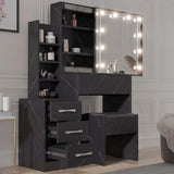 [Black Marble] Three-quarter shot of black marble Hollywood mirror dressing table, drawer block on left of desktop
