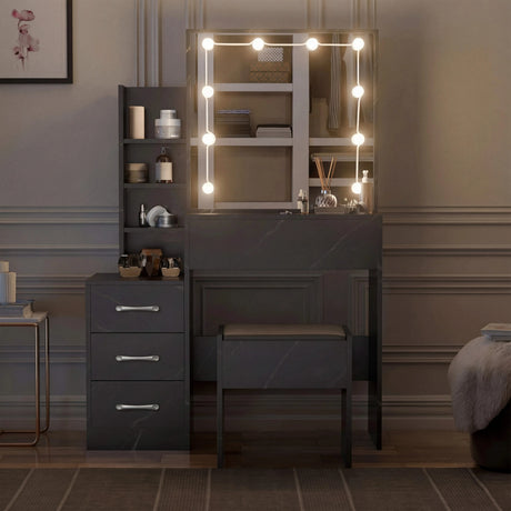 [Black Marble] Front-on view of black marble Hollywood mirror dressing table with LED-bordered mirror and stool