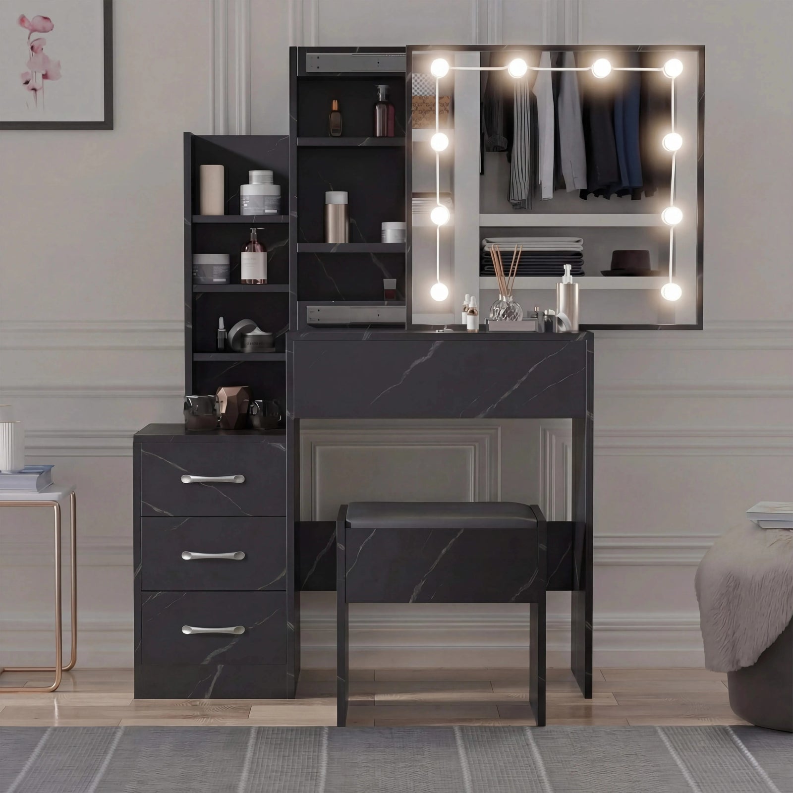 [Black Marble] Three-quarter shot of black marble Hollywood mirror dressing table, lit LED bulbs framing the mirror