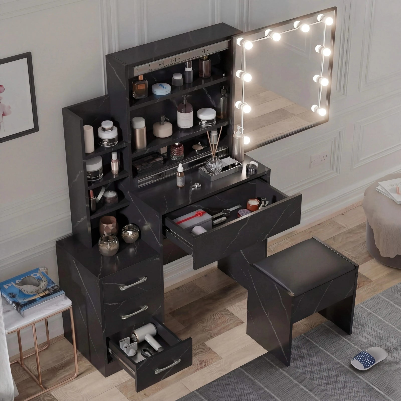 [Black Marble] Overhead view of black marble Hollywood mirror dressing table with open desktop drawer and stool