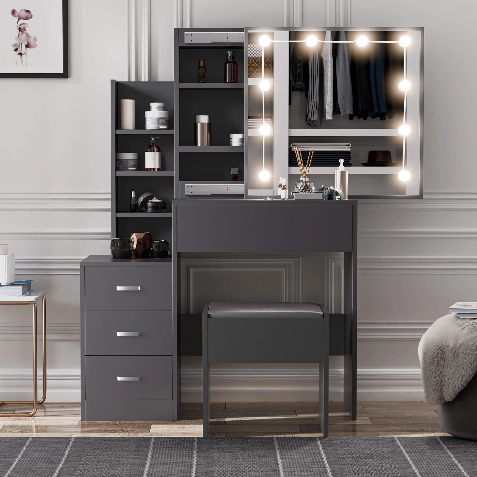 [Grey] Dark grey Hollywood mirror dressing table angled view with cushioned stool alongside the desktop