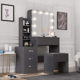 [Grey] Three-quarter shot of grey Hollywood mirror dressing table, gold bar handles on three side drawers