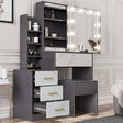 [Grey + Marble White] Two-tone grey frame and marble white-front Hollywood mirror dressing table with LED mirror and stool