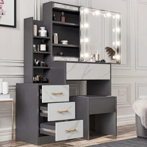 [Grey + Marble White] Two-tone grey frame and marble white-front Hollywood mirror dressing table with LED mirror and stool