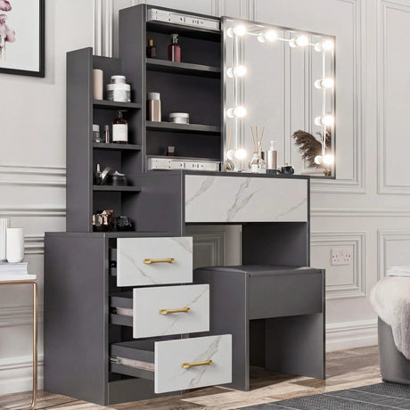 [Grey + Marble White] Two-tone grey frame and marble white-front Hollywood mirror dressing table with LED mirror and stool