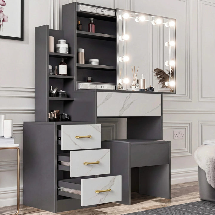 [Grey + Marble White] Two-tone grey frame and marble white-front Hollywood mirror dressing table with LED mirror and stool