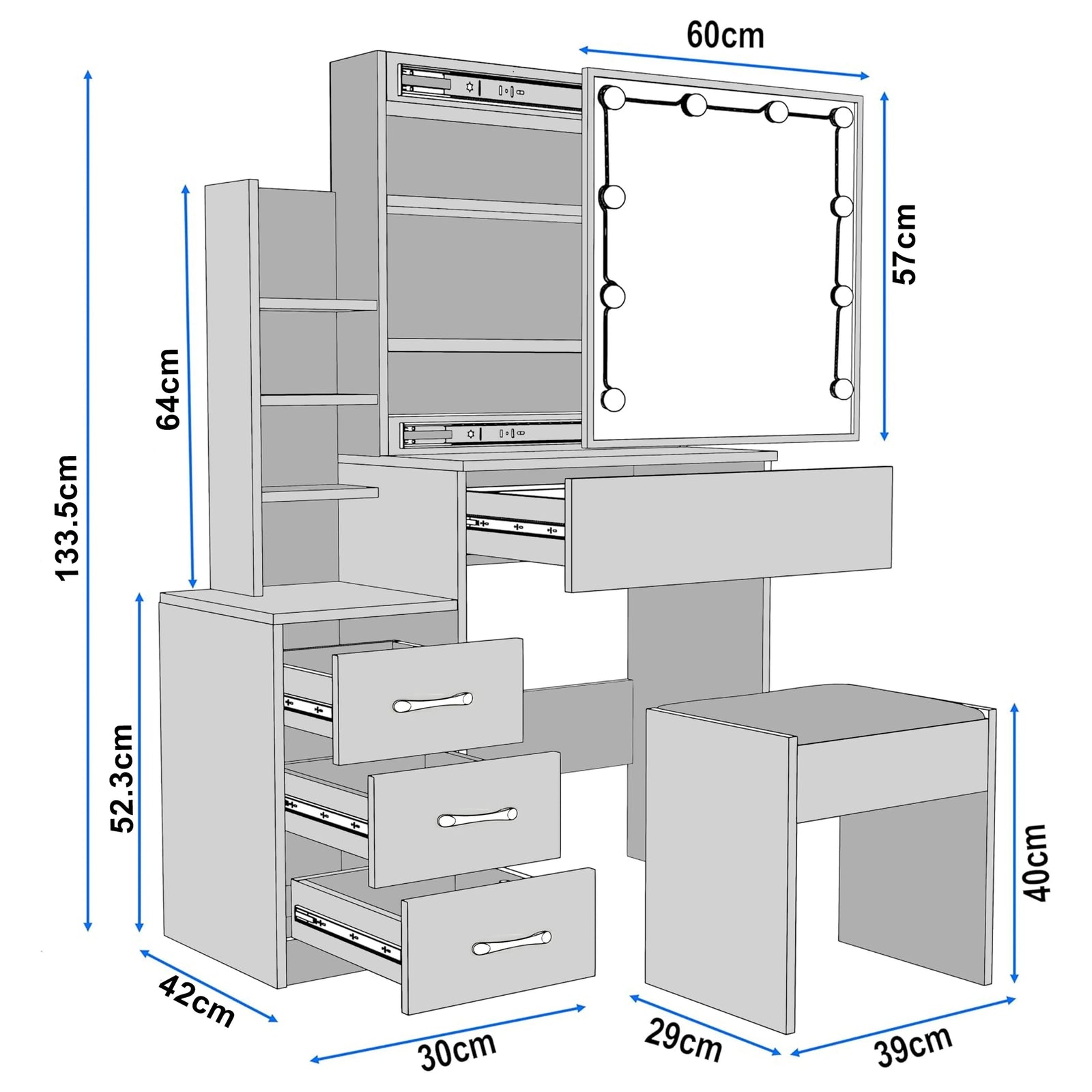[Grey + Marble White] Hollywood mirror dressing table diagram: 133.5cm tall, 42cm deep, mirror 60x57cm, drawers 30x52.3cm