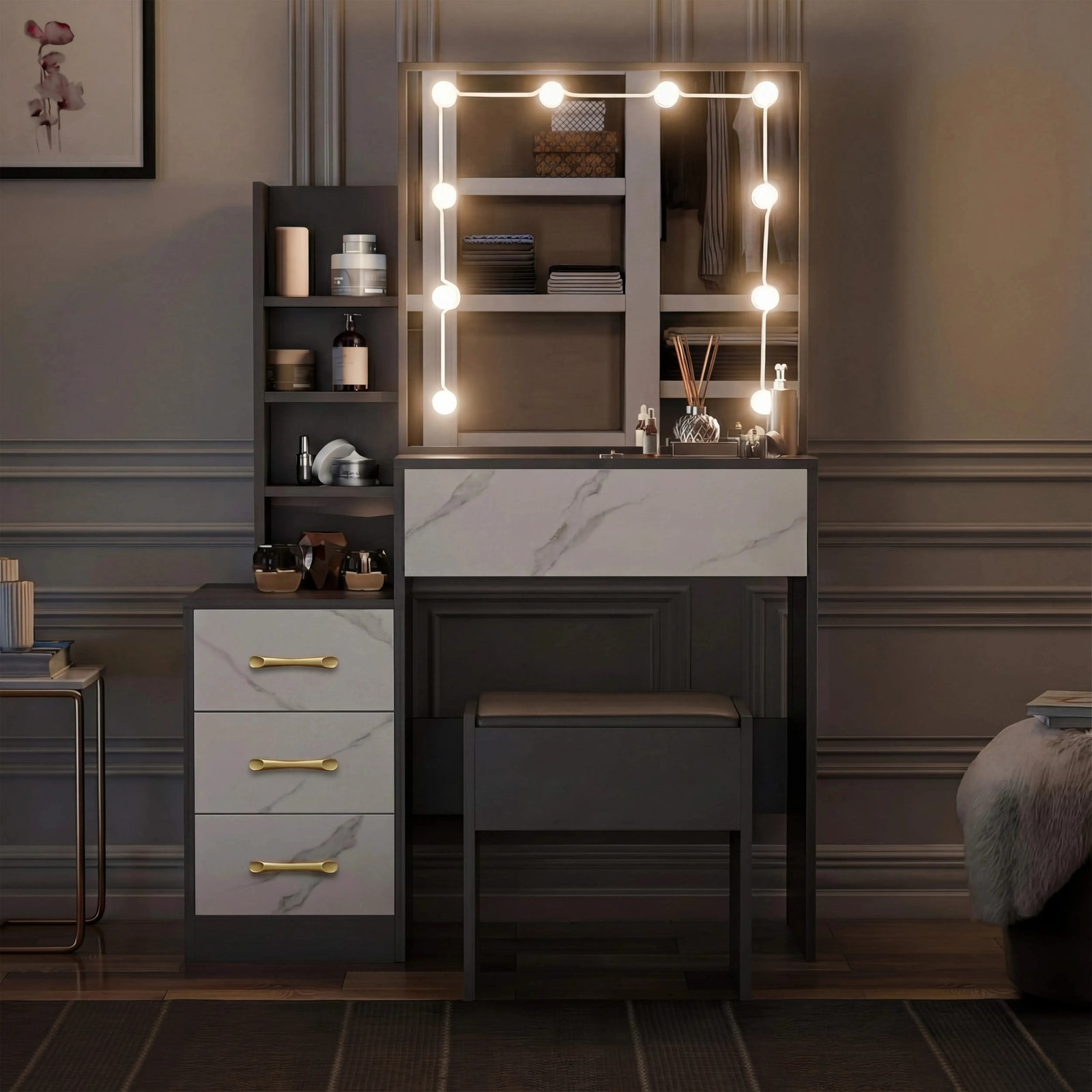 [Grey + Marble White] Two-tone grey and marble white Hollywood mirror dressing table photographed straight-on, mirror lit