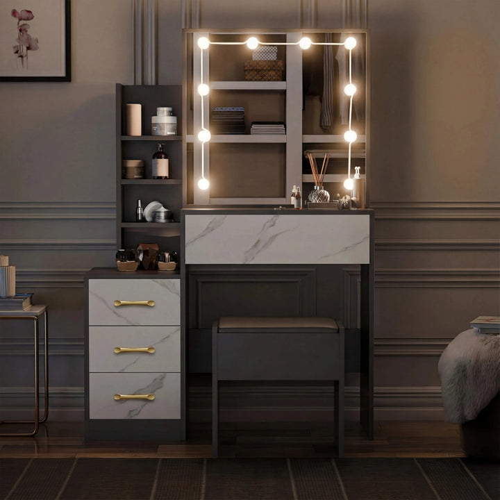 [Grey + Marble White] Two-tone grey and marble white Hollywood mirror dressing table photographed straight-on, mirror lit