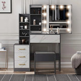 [Grey + Marble White] Grey and marble white Hollywood mirror dressing table with mirror reflecting hanging clothes wardrobe