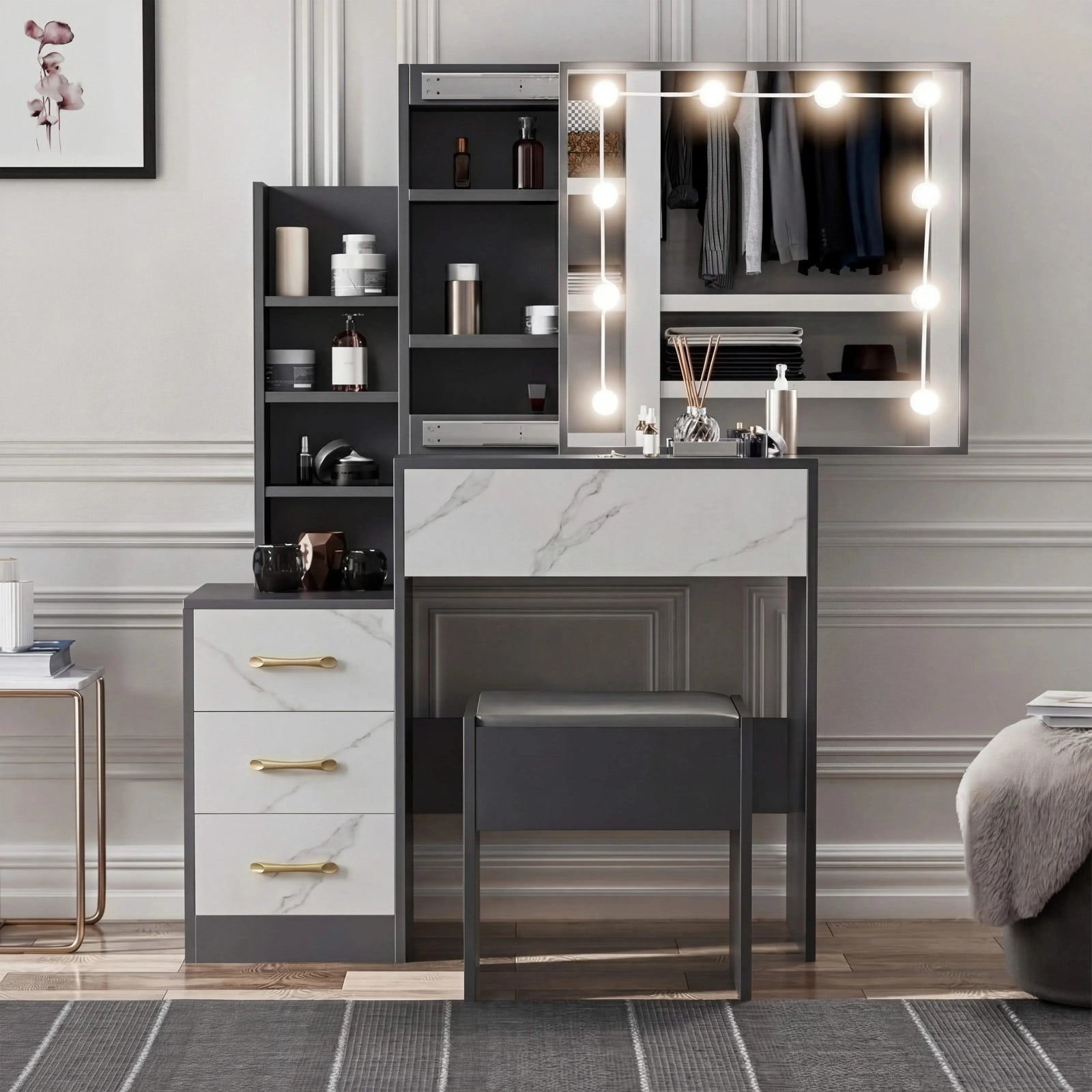 [Grey + Marble White] Grey and marble white Hollywood mirror dressing table with mirror reflecting hanging clothes wardrobe