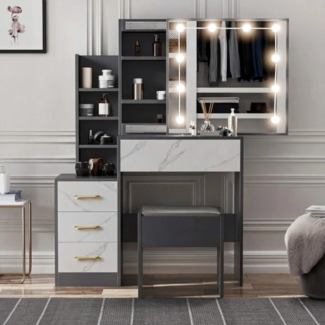 [Grey + Marble White] Grey and marble white Hollywood mirror dressing table with mirror reflecting hanging clothes wardrobe