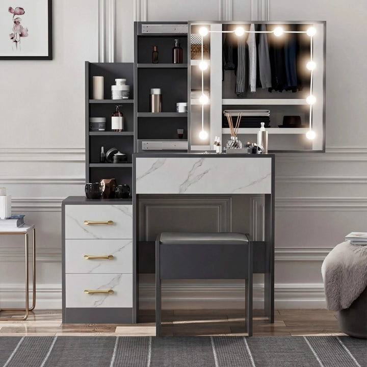 [Grey + Marble White] Grey and marble white Hollywood mirror dressing table with mirror reflecting hanging clothes wardrobe
