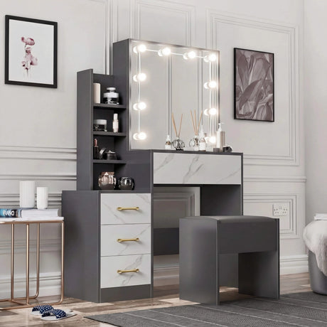 [Grey + Marble White] Grey and marble white Hollywood mirror dressing table full piece visible beside panelled wall