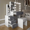 [White + Grey] Two-tone white frame and grey-front Hollywood mirror dressing table with cushioned stool and lit LED mirror