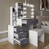 [White + Grey] Two-tone white frame and grey-front Hollywood mirror dressing table with cushioned stool and lit LED mirror