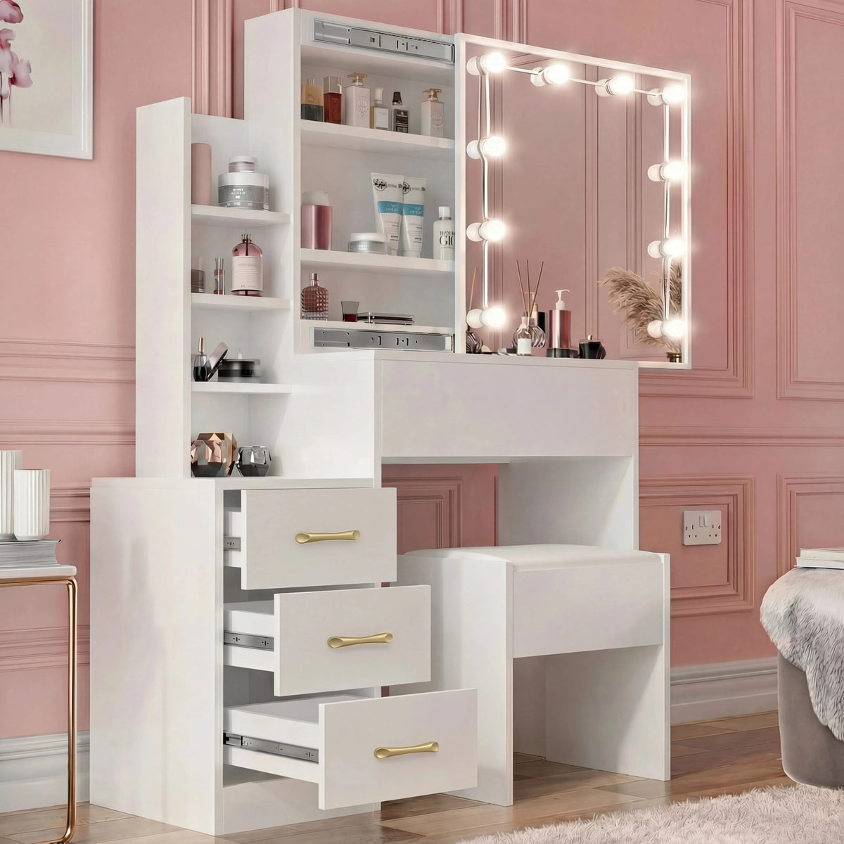 Hollywood Mirror Dressing Table Storage Drawers Vanity Makeup Desk