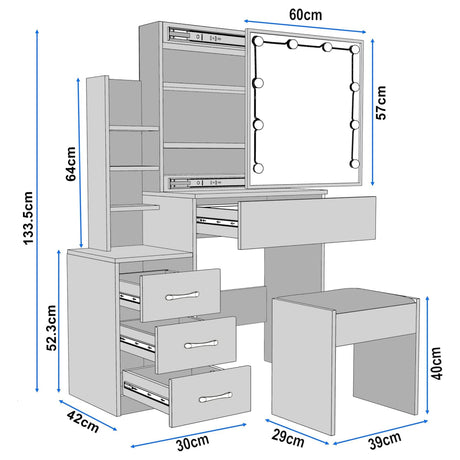 [White] Hollywood mirror dressing table diagram: 133.5cm tall, 42cm deep, mirror 60x57cm, drawers 30x52.3cm