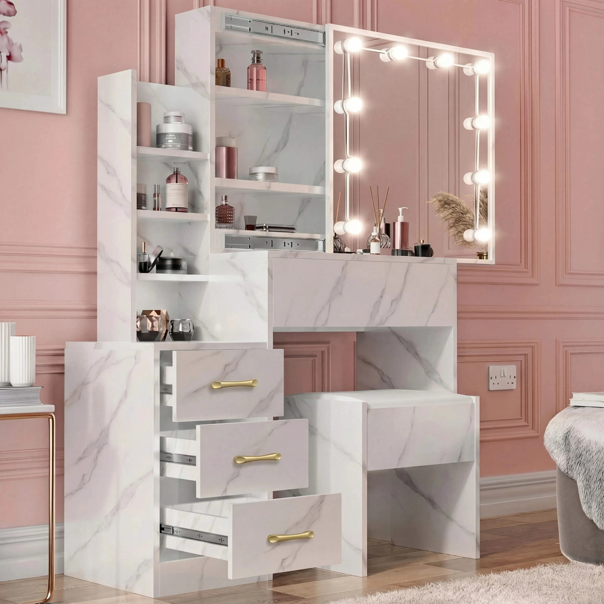 Hollywood Mirror Dressing Table Storage Drawers Vanity Makeup Desk Marble