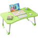 Green portable home desk with tablet slot, cup holder, and foldable legs for versatile use.