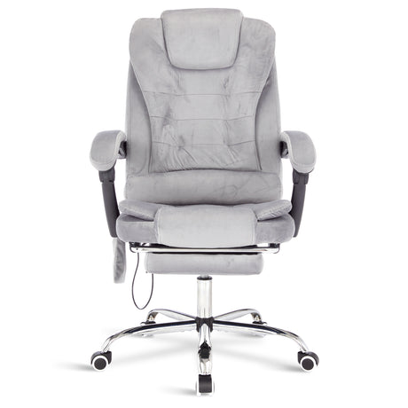 Home office desk chair with grey fabric upholstery, ergonomic design, and padded support.