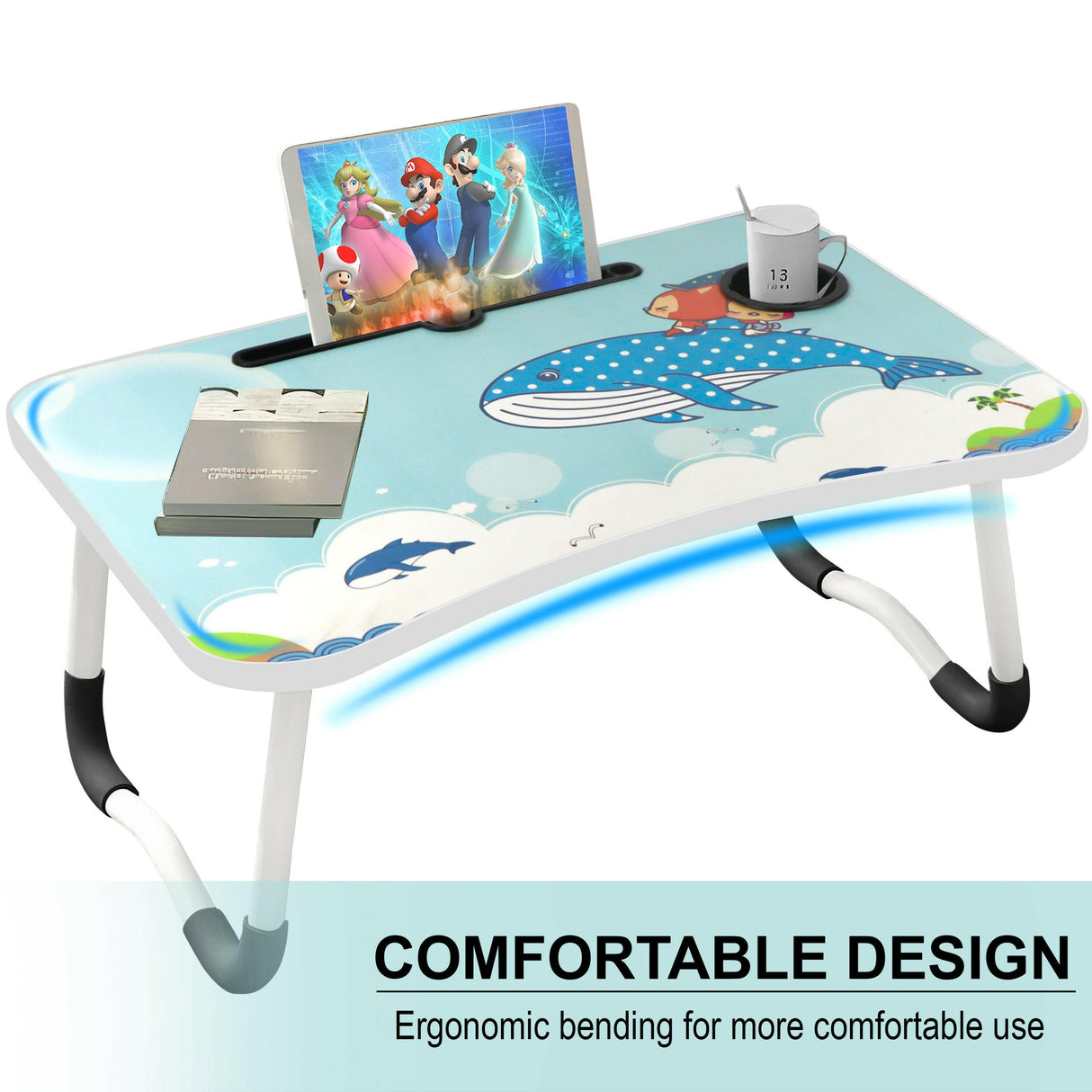 Home office desks for home with whale design, ergonomic edges, tablet holder, cup holder.