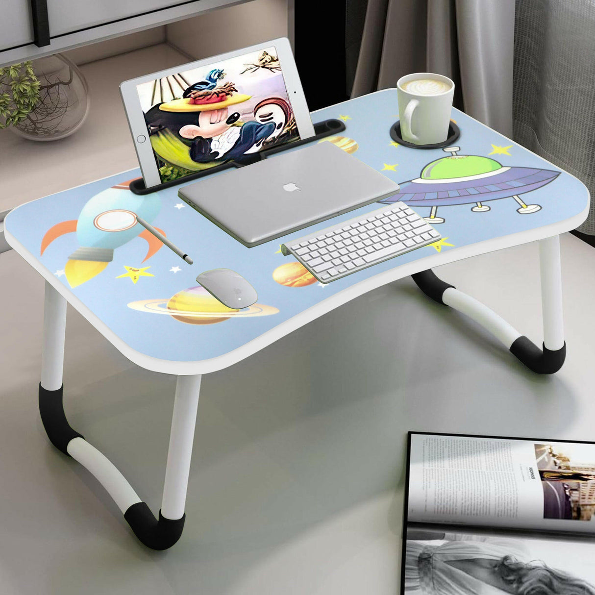 Home office desks for sale featuring a space-themed design with a tablet slot, cup holder.