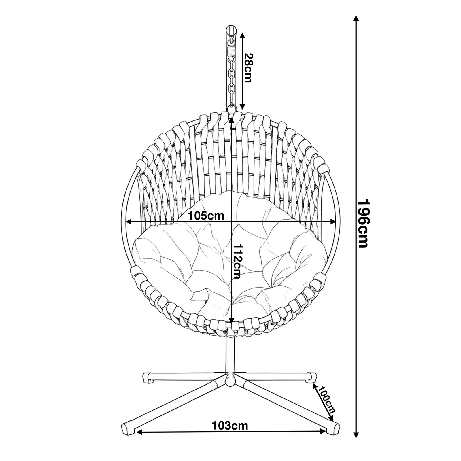 [Grey] Dimensions diagram of light grey hanging egg chair: 196cm high, 105cm wide, 112cm seat, 103cm base, 28cm chain