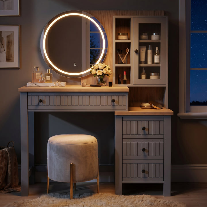 [Grey] Linra Grey Painted Dressing Table with LED Mirror and Storage night view with the illuminated round mirror.