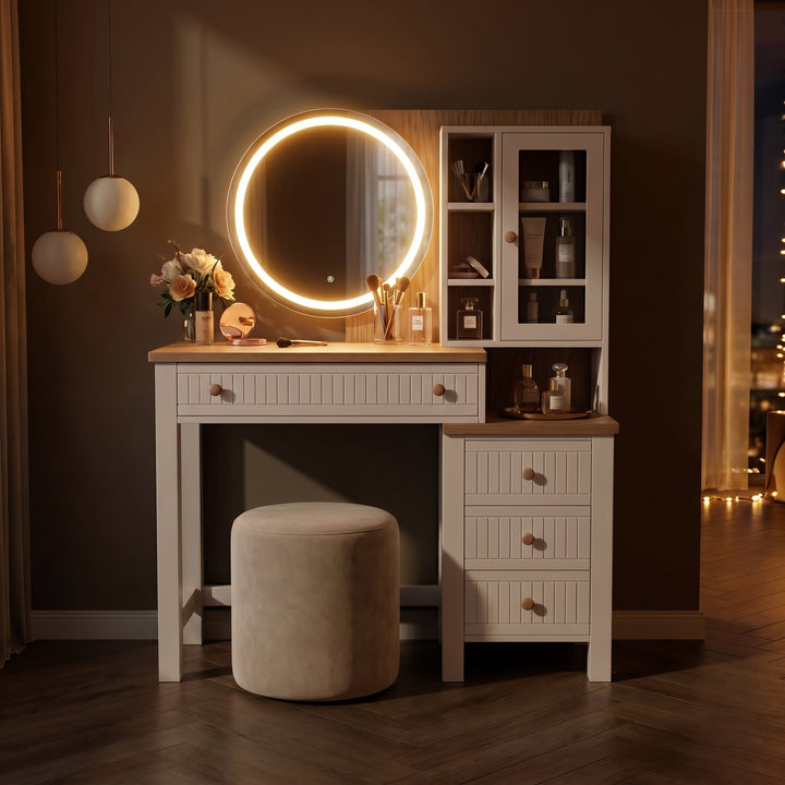 [White] Linra White Painted Dressing Table with LED Mirror and Storage night view with an illuminated round mirror.