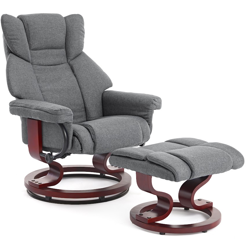 Grey fabric Recliner Swivel Armchair With Footstool | Lounge Chair with curved wooden base, perfect for stylish and supportive seating.