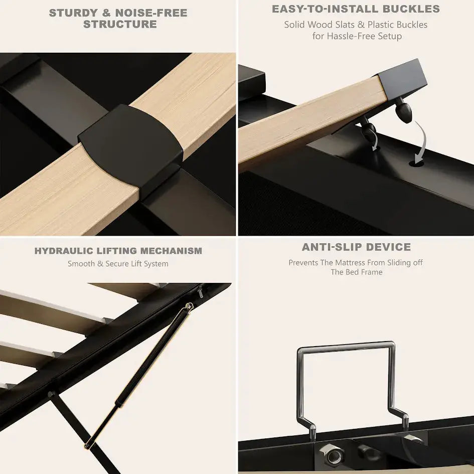 Key features of Blisswood ottoman bed including hydraulic lift, anti-slip device, solid slats, and easy assembly.