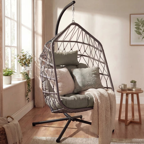 Stylish indoor egg chair with a metal stand, offering cozy seating for modern interiors with a comfortable cushion.