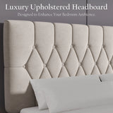 Beige velvet bed frame with luxury upholstered adjustable headboard in double or king size, ideal for elegant bedroom decor from DHS Furniture UK.