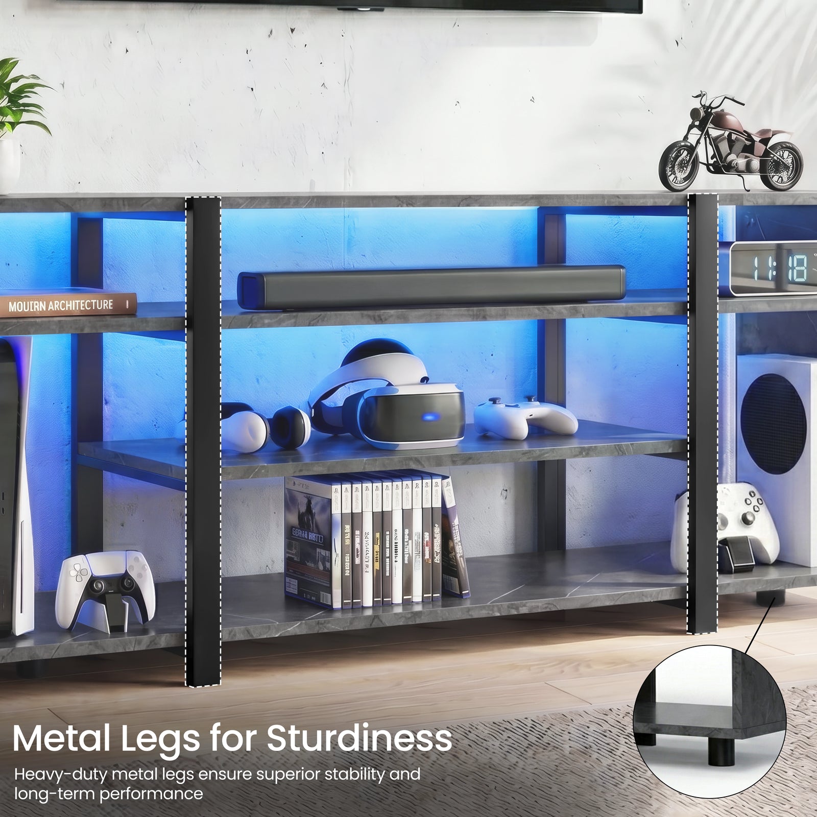 [Black Marble] Modern metal shelving unit with electronic devices and gaming accessories in a room setting