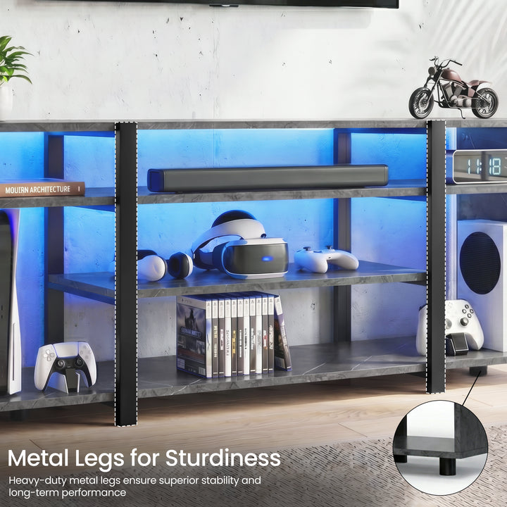 [Black Marble] Modern metal shelving unit with electronic devices and gaming accessories in a room setting