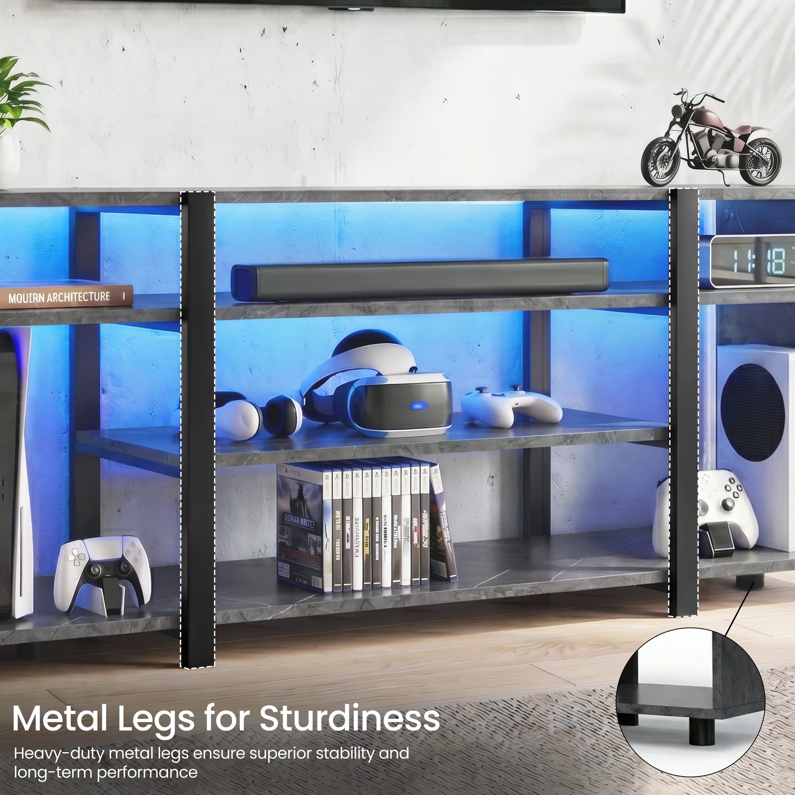 [Black Marble] Modern metal shelving unit with electronic devices and gaming accessories in a room setting