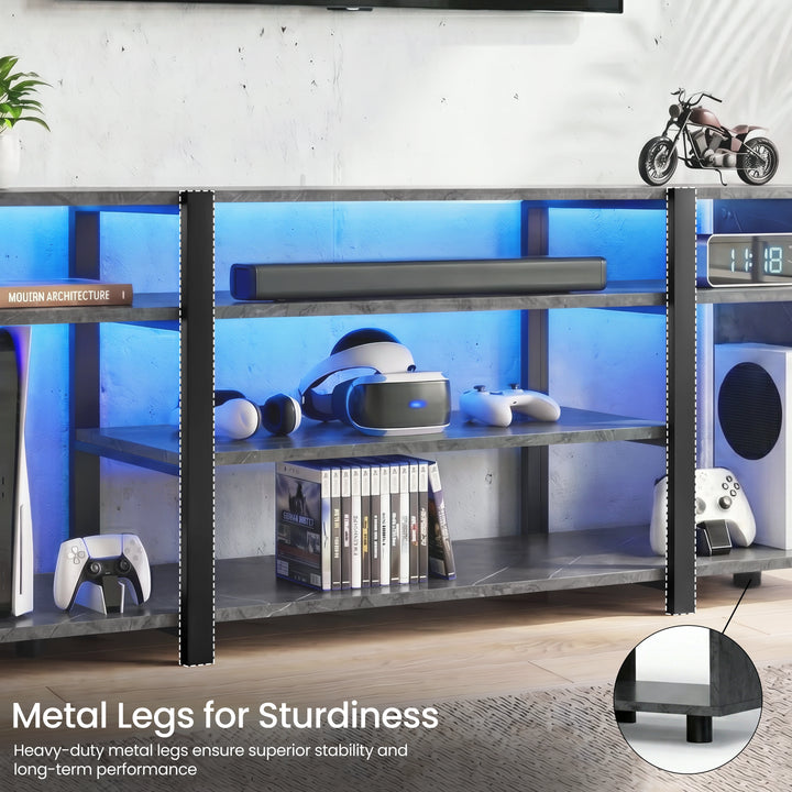 [Black Marble] Modern metal shelving unit with electronic devices and gaming accessories in a room setting