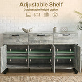 [Grey] Ironmere sideboard with three doors open showing adjustable shelf levels inside the cupboards