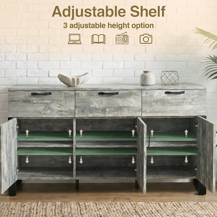 [Grey] Ironmere sideboard with three doors open showing adjustable shelf levels inside the cupboards