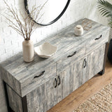 [Grey] Ironmere sideboard angled top view showing three drawers, lower doors, tray, bowl, and vase