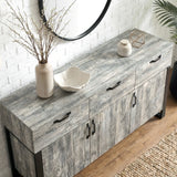 [Grey] Ironmere sideboard angled top view showing three drawers, lower doors, tray, bowl, and vase