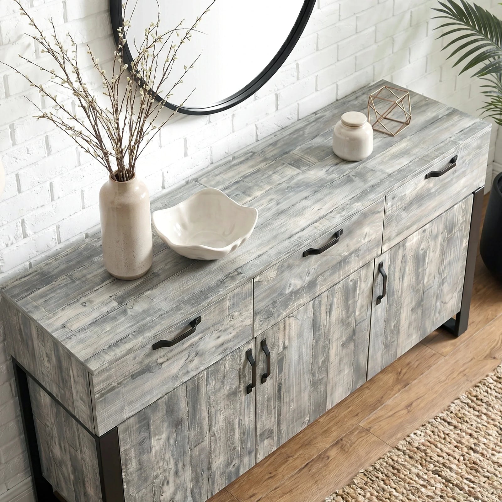 [Grey] Ironmere sideboard angled top view showing three drawers, lower doors, tray, bowl, and vase