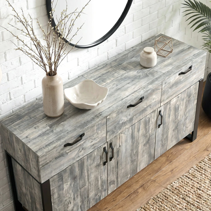 [Grey] Ironmere sideboard angled top view showing three drawers, lower doors, tray, bowl, and vase