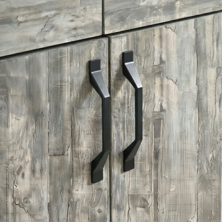 [Grey] Ironmere sideboard handle detail showing two black pulls on grain-patterned cupboard doors