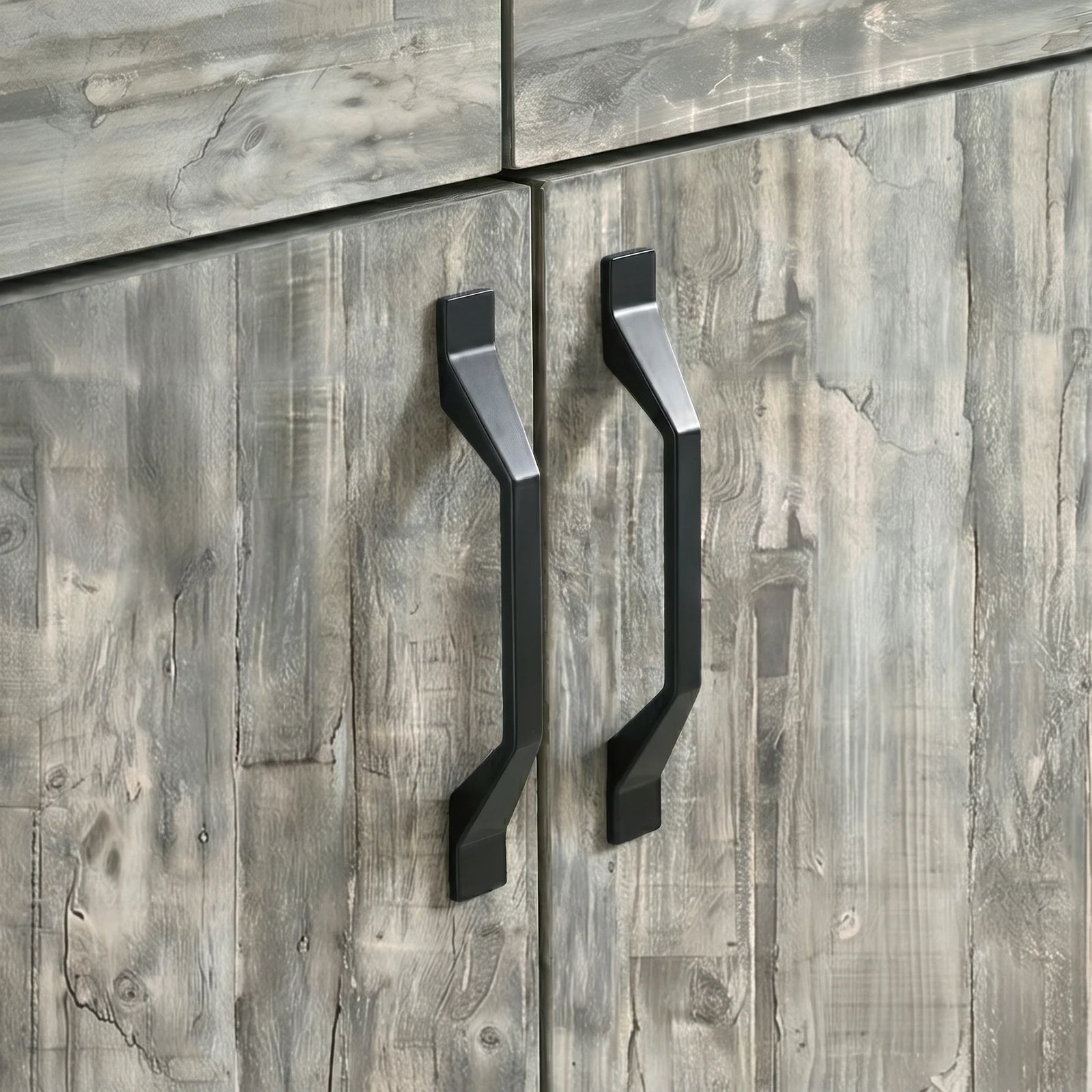 [Grey] Ironmere sideboard handle detail showing two black pulls on grain-patterned cupboard doors