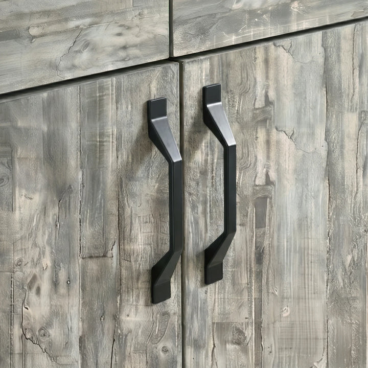 [Grey] Ironmere sideboard handle detail showing two black pulls on grain-patterned cupboard doors